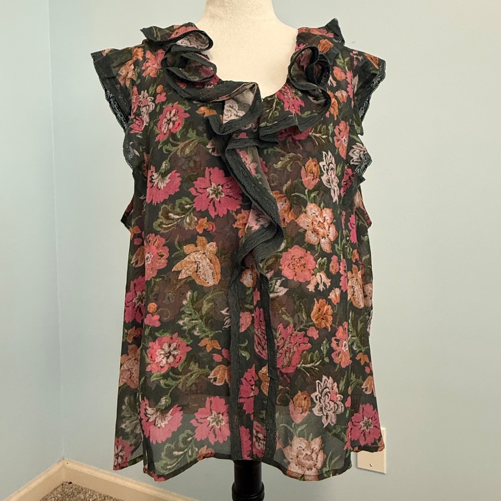 Sundance Short Sleeve Floral Print Chiffon‎ Lined Blouse Size XXL